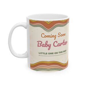 Pregnancy Announcement Mug Personalized, Vintage Retro 70s Baby Coming Soon Rainbow Coffee Cup