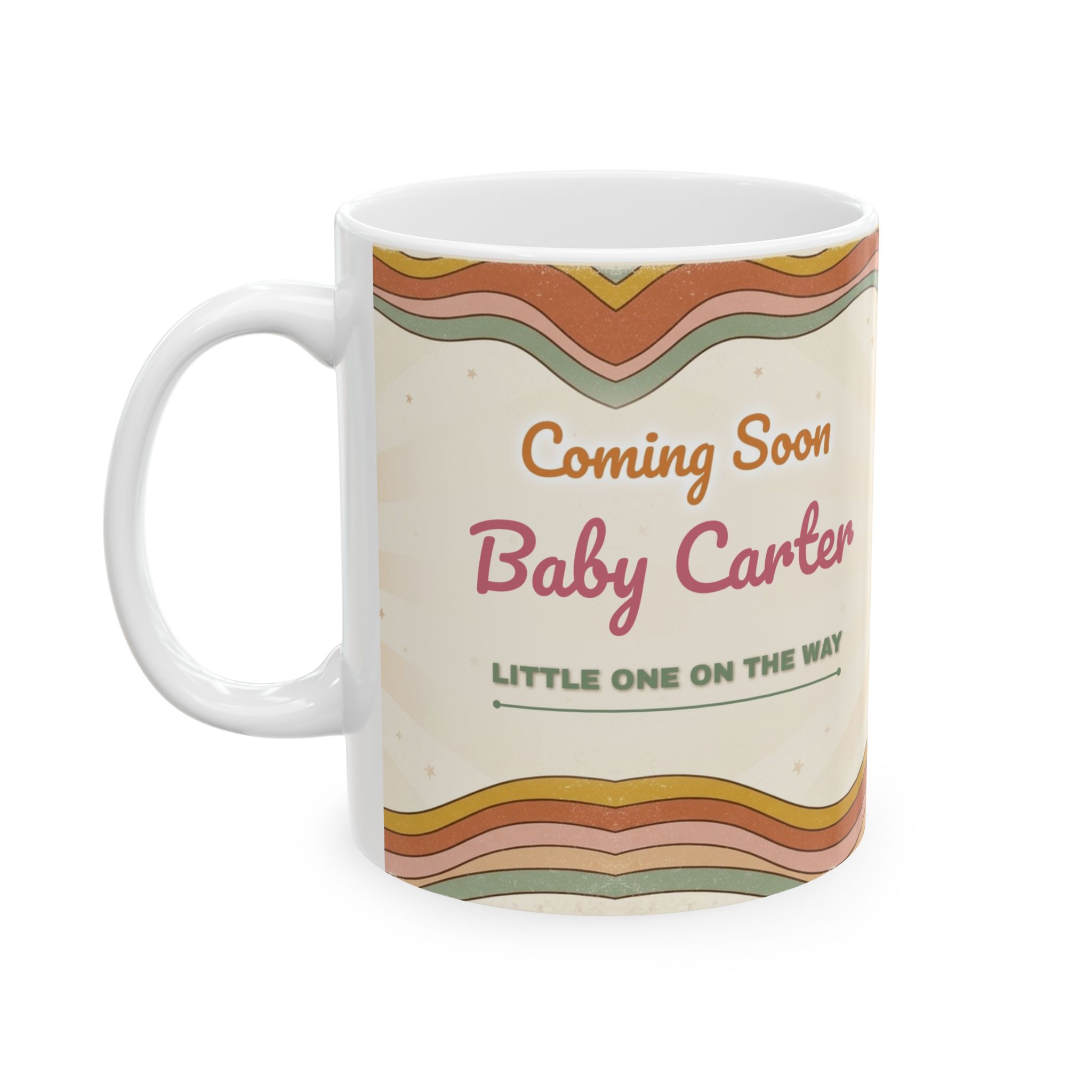 Pregnancy Announcement Mug Personalized, Vintage Retro 70s Baby Coming Soon Rainbow Coffee Cup