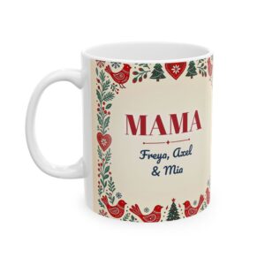 Mama Mug Personalized with Kids Names, Nordic Folk Art Christmas Coffee Cup