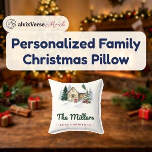 Personalized Family Christmas Pillow, Cozy Christmas Snowy Cabin Throw Pillow with Family Name, Holiday Home Decor Gift