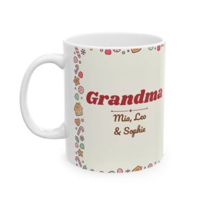 Grandma Mug Personalized with Grandkids Names, Gingerbread Village Christmas Coffee Cup