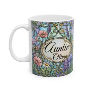 Personalized Auntie Mug with Name and Kids Names, Stained Glass Wildflower Coffee Cup