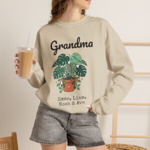 Personalized Grandma Sweatshirt with Grandkids Names, Monstera Plant Lover Crewneck