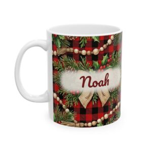 Christmas Mug Personalized with Name, Rustic Buffalo Plaid, 11oz