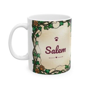 Custom Cat Mug with Your Cat's Name, Black Cat Stained Glass Personalized Coffee Cup