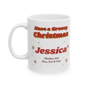 Personalized Christmas Mug with Name, Groovy 70s Retro Christmas Lights and Daisies, Have a Groovy Christmas Coffee Cup