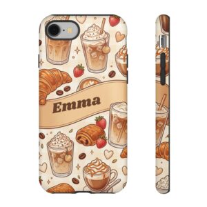 Custom Name Iced Coffee Phone Case, Croissant Latte Cafe, Tough Cover for iPhone 18 Pro Max, 17, Galaxy S26