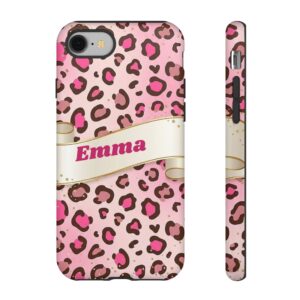Custom Name Pink Leopard Phone Case, Cheetah Print, Tough Cover for iPhone 18 Pro Max, 17, Galaxy S26