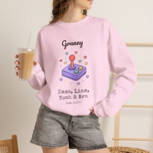 Personalized Granny Sweatshirt with Grandkids Names, Retro Arcade Joystick Crewneck