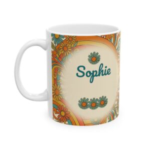 Custom Name Mug, Personalized Retro 70s Sunburst Coffee Cup, Groovy Rainbow Daisy