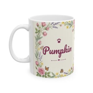 Custom Cat Mug with Your Cat's Name, Calico Cat Cottage Garden Personalized Coffee Cup