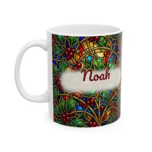 Christmas Mug Stained Glass, Personalized Name Coffee Cup, Holly Berry Holiday Gift