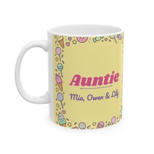 Auntie Mug Personalized with Nieces and Nephews Names, Cute Pastel Ice Cream Aunt Coffee Cup