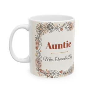 Auntie Mug Personalized with Nieces and Nephews Names, Boho Line Art Daisy Aunt Coffee Cup