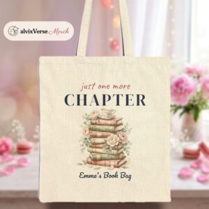 Personalized Book Lover Tote Bag, Just One More Chapter Canvas Tote with Name, Custom Library Bag, Gift for Readers and Bookworms