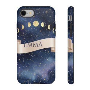 Custom Name Watercolor Galaxy Phone Case, Moon Phase Ribbon, Tough Cover for iPhone 18 Pro Max, 17, Galaxy S26
