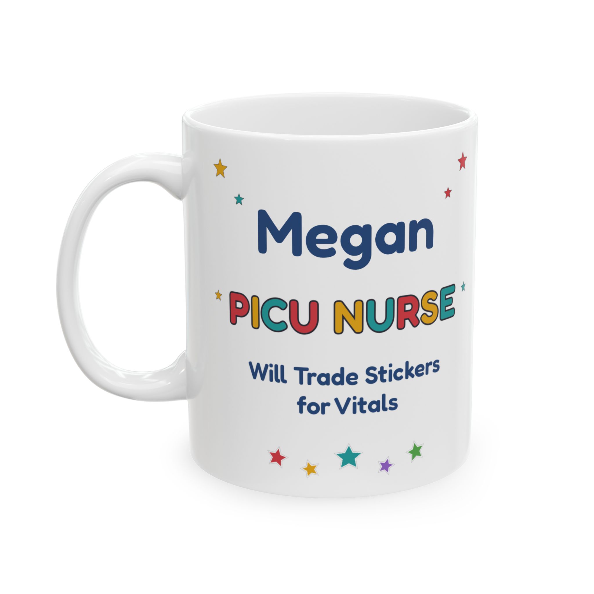 PICU Nurse Mug Personalized with Name, Funny Will Trade Stickers for Vitals, Pediatric ICU Nurse Gift Coffee Cup