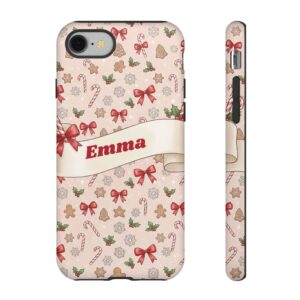 Custom Name Christmas Phone Case, Candy Cane Bows, Tough Cover for iPhone 18 Pro Max, 17, Galaxy S26