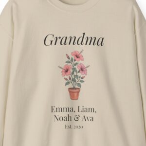 Personalized Grandma Sweatshirt with Grandkids Names, Hibiscus Flower Line Art Crewneck