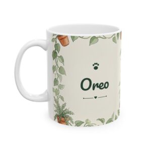 Custom Cat Mug with Your Cat's Name, Tuxedo Cat Windowsill Plants Personalized Coffee Cup