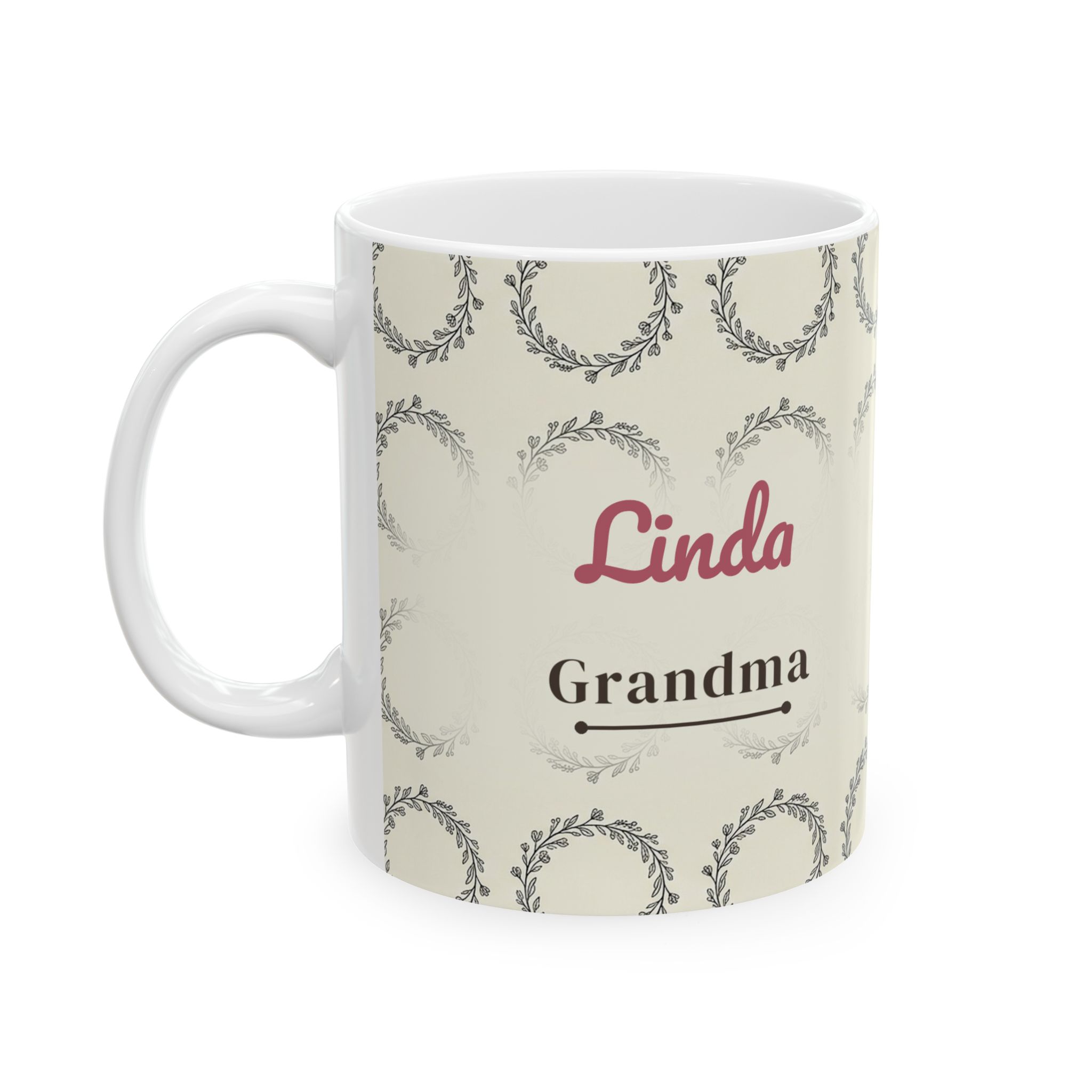 Grandma Mug Personalized Name, Minimal Line Art Wreath Coffee Cup, Custom Grandmother