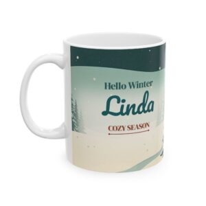 Winter Mug Personalized Name, Vintage Retro Snowy Cabin Hello Winter Cozy Season Coffee Cup
