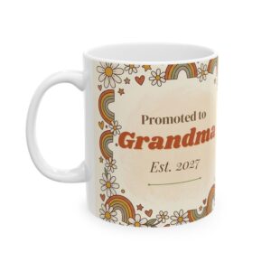 Promoted to Grandma Mug Personalized Est Year, Retro 70s Rainbow Nursery Cup