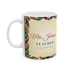 Teacher Mug Personalized with Name, Stained Glass Owl and Books Coffee Cup