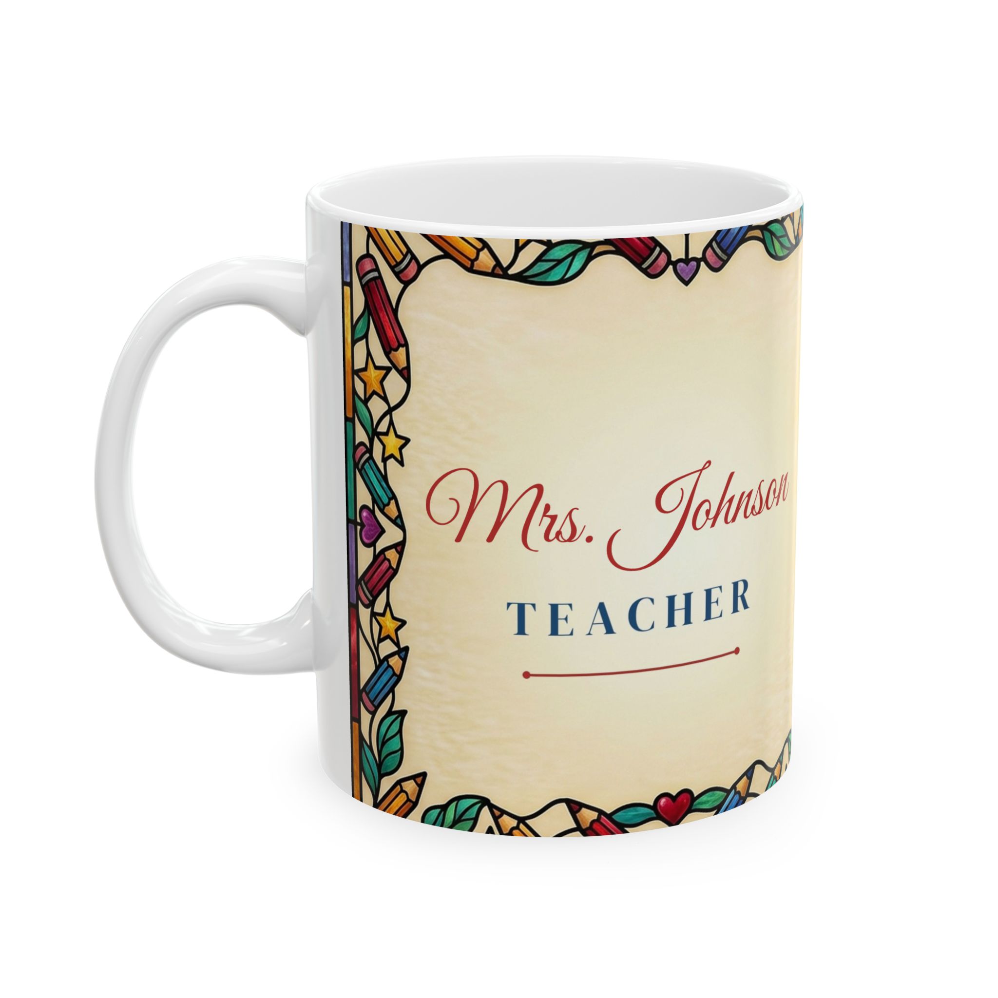 Teacher Mug Personalized with Name, Stained Glass Owl and Books Coffee Cup