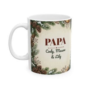 Papa Mug Personalized with Grandkids Names, Snowy Cabin Christmas Coffee Cup