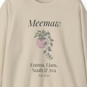 Personalized Meemaw Sweatshirt with Grandkids Names, Pothos Plant Line Art Crewneck