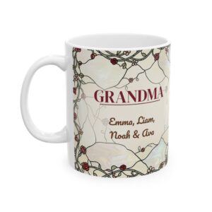 Grandma Mug, Personalized Stained Glass Coffee Cup with up to 12 Grandkids Names (11oz)