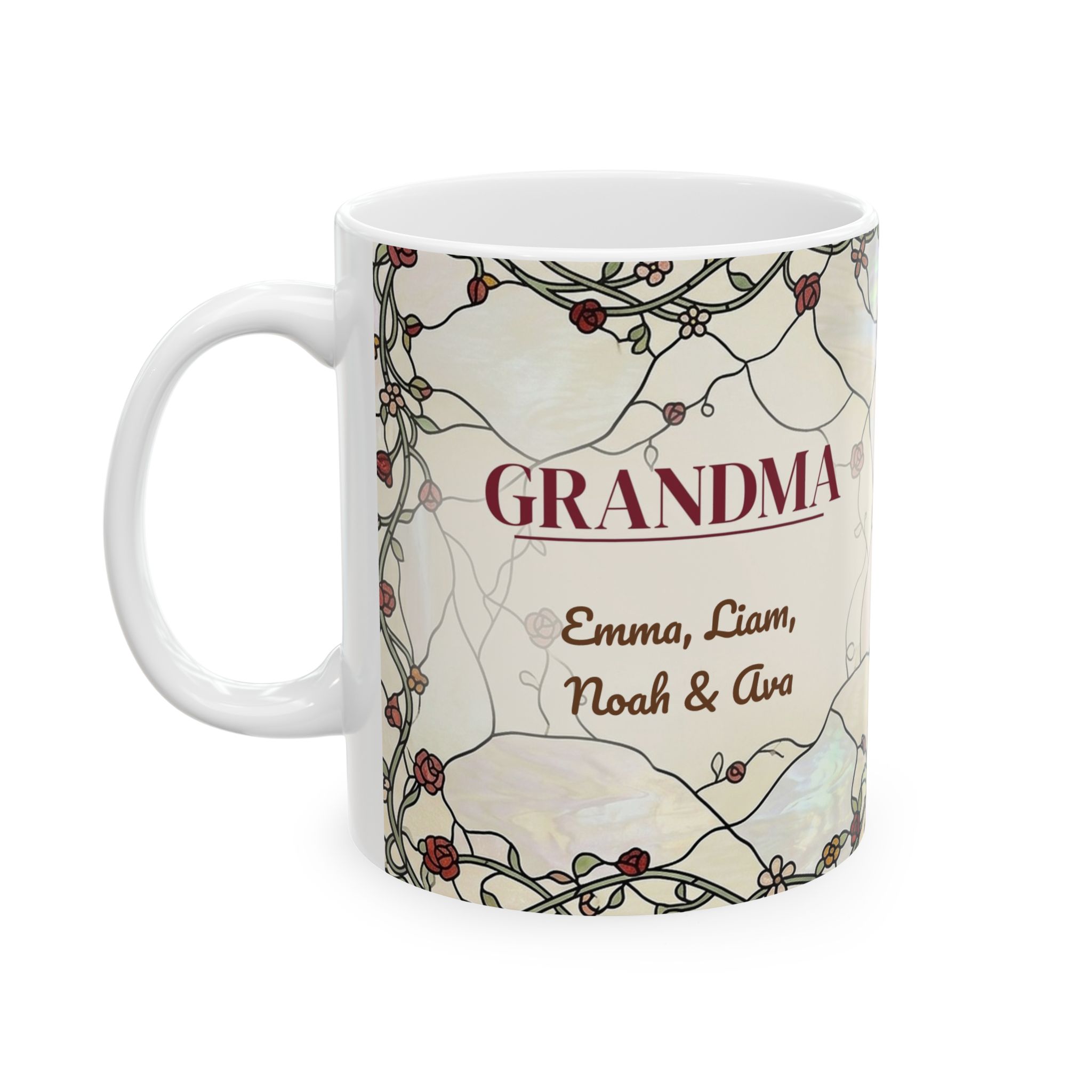 Grandma Mug, Personalized Stained Glass Coffee Cup with up to 12 Grandkids Names (11oz)
