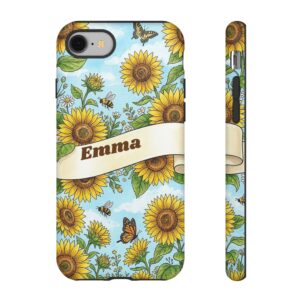 Custom Name Phone Case for iPhone 18 Pro Max, Sunflower Bee Floral Tough Case, Personalized Case for iPhone 17 Galaxy S26