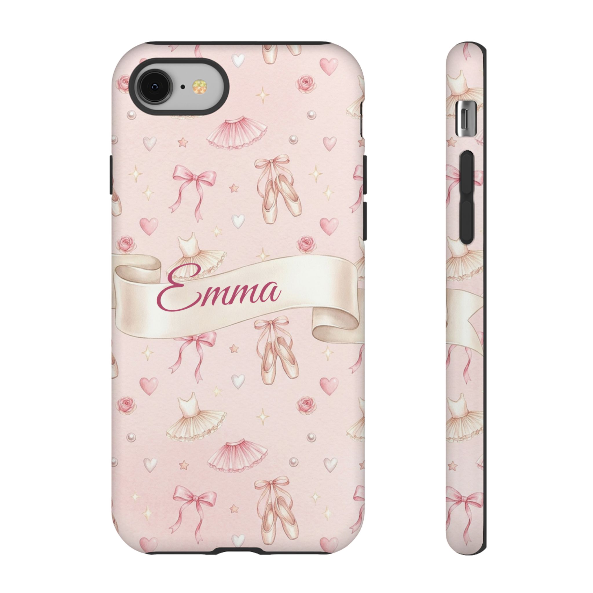 Custom Name Ballet Phone Case, Pink Pointe Shoes and Bows, Tough Cover for iPhone 18 Pro Max, 17, Galaxy S26
