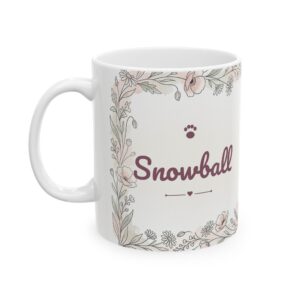 Custom Cat Mug with Your Cat's Name, White Cat Line Art Florals Personalized Coffee Cup