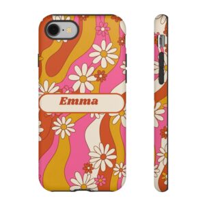 Custom Name 70s Groovy Daisy Phone Case, Wavy Retro, Tough Cover for iPhone 18 Pro Max, 17, Galaxy S26