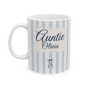 Personalized Auntie Mug, Blue Stripes, Bow, Kids Names (11oz Ceramic)