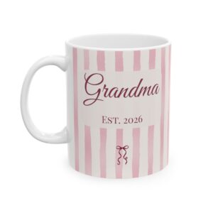 Personalized Grandma Mug, Pink Stripes, Rose Bow, Up to 12 Grandkids Names (11oz)