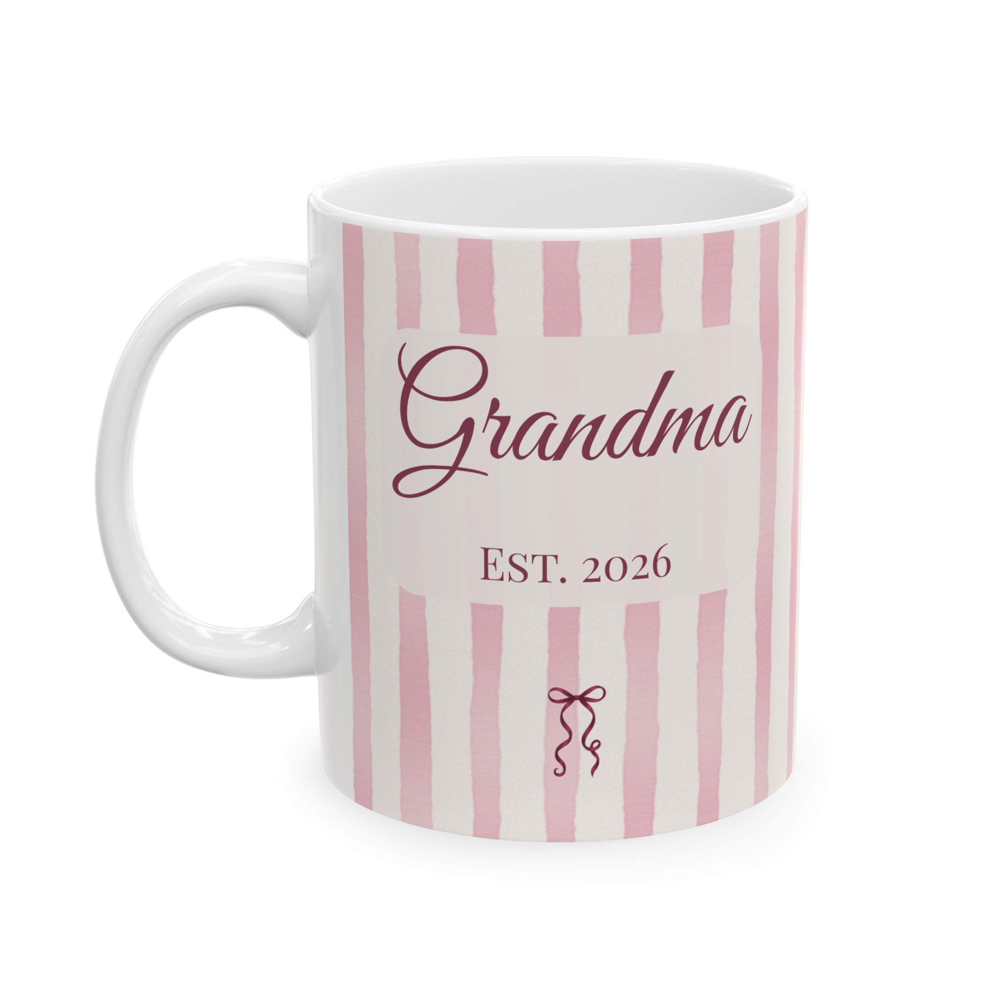 Personalized Grandma Mug, Pink Stripes, Rose Bow, Up to 12 Grandkids Names (11oz)