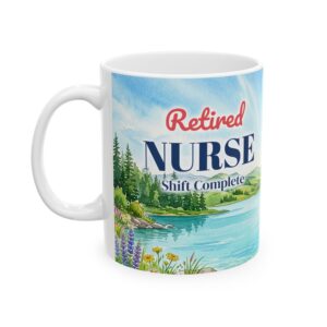 Retired Nurse Mug Personalized with Name, Watercolor Mountain Lake, Nurse Retirement Gift, 11oz