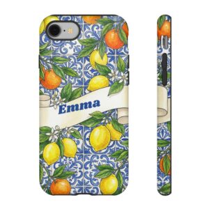 Custom Name Lemon Phone Case, Citrus Blue Tile, Tough Cover for iPhone 18 Pro Max, 17, Galaxy S26