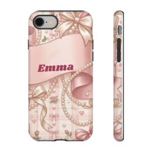 Custom Name Coquette Phone Case, Pink Bow and Pearls, Tough Cover for iPhone 18 Pro Max, 17, Galaxy S26