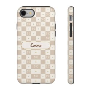 Custom Name Latte Checkered Phone Case, Clean Girl Bow, Tough Cover for iPhone 18 Pro Max, 17, Galaxy S26