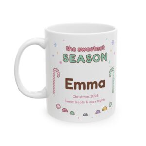 Personalized Christmas Mug with Name, Kawaii Gingerbread Village, Cute Pastel Gingerbread House Coffee Cup, The Sweetest Season