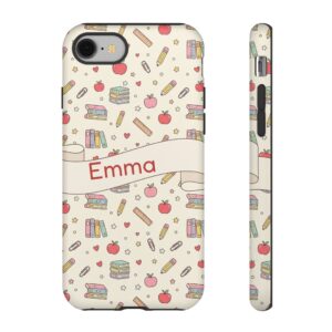Custom Name Teacher Phone Case, Pastel Apples and Pencils, Tough Cover for iPhone 18 Pro Max, 17, Galaxy S26