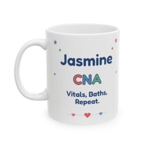 CNA Mug Personalized with Name, Funny Vitals Baths Repeat, Nursing Assistant Nurse Gift Coffee Cup, CNA Week Gift