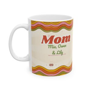 Personalized Mom Mug with Kids Names, Vintage Retro 70s Groovy Flower Mom Coffee Cup