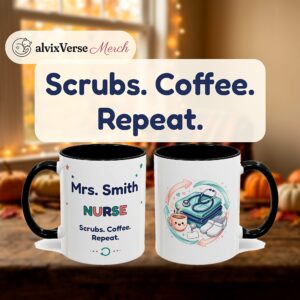 Nurse Mug Personalized with Name, Funny Scrubs Coffee Repeat, Two Tone Accent Coffee Mug, Registered Nurse Gift