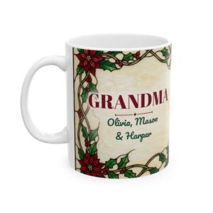 Grandma Mug Personalized with Grandkids Names, Stained Glass Poinsettia Christmas Coffee Cup